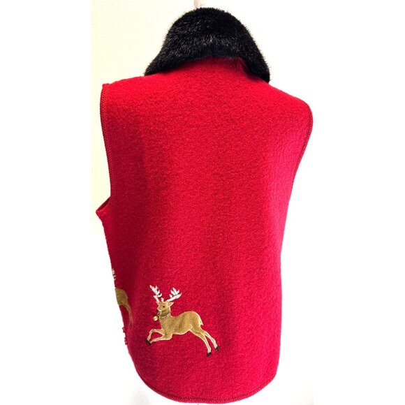 Vtg Lisa International 100% Wool Reindeer Sweater Vest Faux Fur Collar Medium - Picture 6 of 12